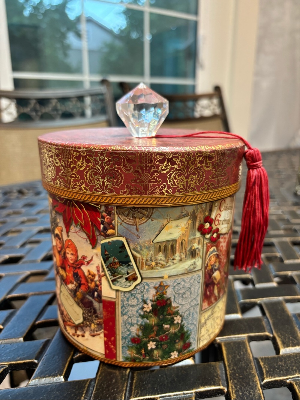 Holiday Decorative Tin with Crystal Knob and Red Tassel